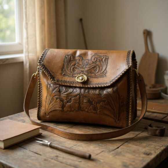 Vintage BOHO Handcrafted Stitched Tooled Leather Saddlebag Purse Floral Design - Picture 1 of 10